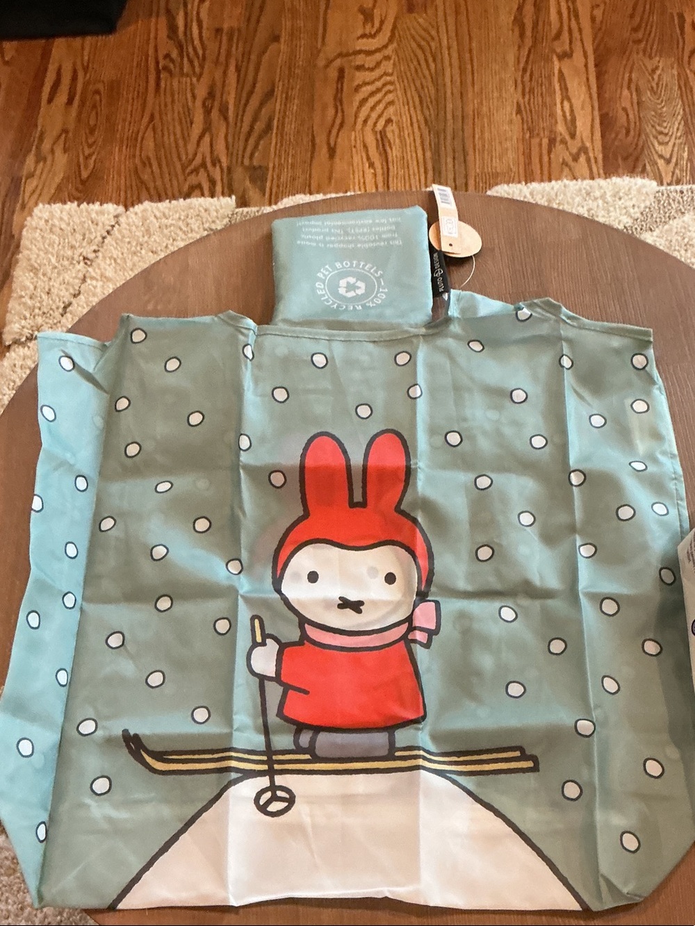 Nijntje x Miffy Blue Green Polka Dot Reusable Tote with Red Miffy Ski Graphic